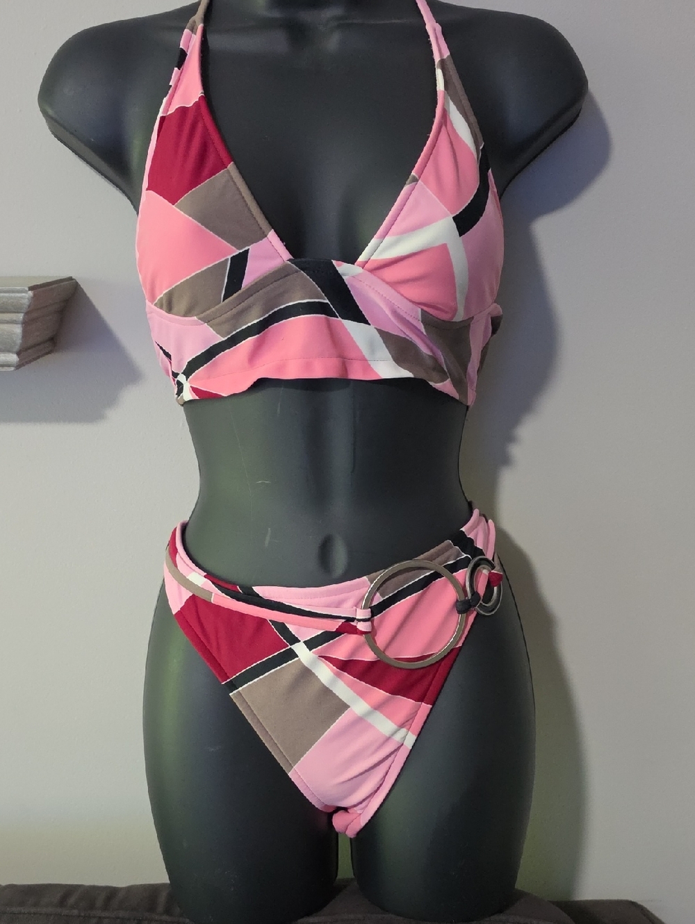 bebe Pink Multi-Pattern Halter Bikini with Ring Accents